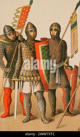 Saint Empire romain germanique, 1100. Guerriers. Chromolithographie. Historia Universal, de César Cantú. Volume V, 1884. Banque D'Images