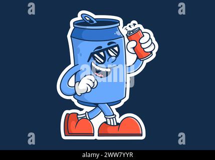 Conception d'illustration de personnage de mascotte de canette de bière marchante tenant une canette de bière. Couleur bleue Illustration de Vecteur