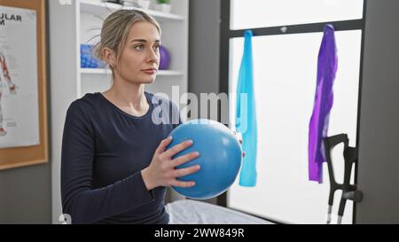 Une jeune femme contemplative tient un ballon bleu de physiothérapie dans une salle lumineuse de clinique de réadaptation. Banque D'Images
