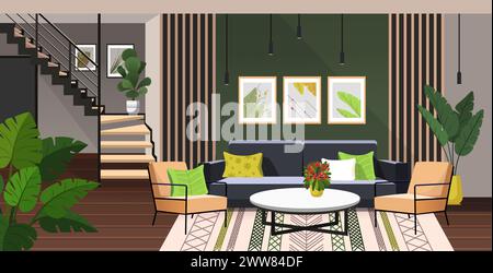 Appartement moderne avec salon élégant avec canapé confortable, fauteuils modernes, fleurs en pot et peintures et escaliers à l'étage suivant. Intérieur Banque D'Images