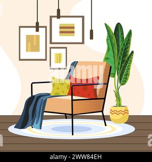 Illustration de l'intérieur minimaliste mignon avec fauteuil moderne, fleur en pot et peintures. Illustration vectorielle. Banque D'Images