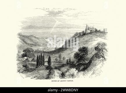 Gravure vintage des ruines du château d'Alton, le château d'Alton est un château de style gothique, situé sur une colline au-dessus de la vallée de Churnet, dans le village d'Alton, Staffordshire. Le site est fortifié depuis l'époque saxonne, le château d'origine datant du XIIe siècle. 1869 Banque D'Images