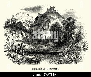Gravure vintage d'une scène de The Pilgrim's Progress de John Bunyan. Montagnes délicieuses Banque D'Images