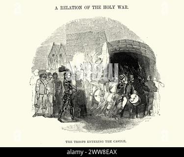 Gravure vintage de John Bunyan's The Holy War. Troupes entrant dans le château Banque D'Images