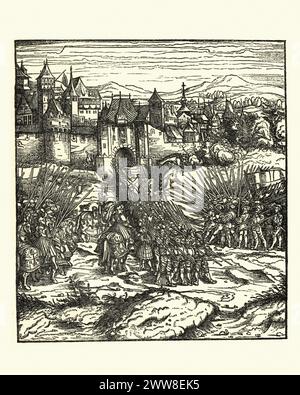 Gravure vintage de prison du Roi du Dragon, gravure sur bois d'après Hans Burgkmair. Der Weisskunig ou le Roi Blanc est un roman chevaleresque et une biographie à peine déguisée de l'empereur romain germanique Maximilien I. Banque D'Images