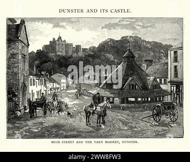 Gravure vintage de la High Street et du Yarn Market, Dunster, 1892. Dunster est un village, une paroisse civile et un ancien manoir dans le comté anglais de Somerset. Banque D'Images