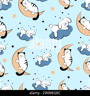 modèle sans couture avec chats endormis et lapin Illustration de Vecteur
