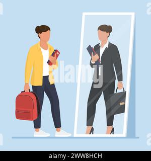 Étudiante confiante regardant le miroir et se voyant comme une femme d'affaires prospère : concept d'éducation, de carrière et d'aspirations Illustration de Vecteur