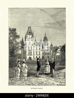 Gravure vintage de Dunrobin Castle maison seigneuriale à Sutherland, dans la région des Highlands en Écosse. 1872. XIXe siècle Banque D'Images