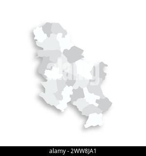 Serbie carte politique des divisions administratives - okrugs et ville autonome de Belgrade. Carte vectorielle plate blanche grise avec ombre portée. Illustration de Vecteur