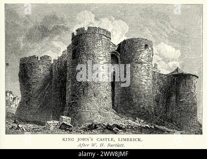 Illustration ancienne le château du roi John, également connu sous le nom de château de Limerick, est un château de 13th ans situé sur l'île du roi à Limerick, en Irlande, à côté de la rivière Shannon Banque D'Images