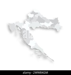 Croatie carte politique des divisions administratives - comtés. Carte vectorielle plate blanche grise avec ombre portée. Illustration de Vecteur