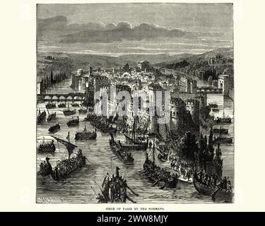 Gravure vintage du siège de Paris (885-86). Le siège de Paris de 885 à 86 fait partie d'un raid viking sur la Seine, dans le Royaume des Francs-occidentaux. Banque D'Images