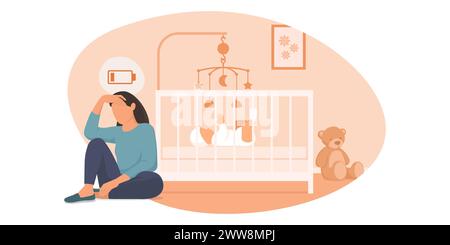 Mère triste épuisée assise à côté du lit de son bébé, elle souffre de dépression post-partum Illustration de Vecteur