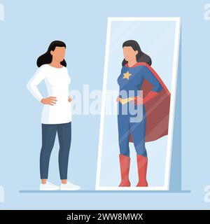 Femme confiante regardant un miroir et se voyant comme un super-héros, une identité et un concept d'autonomisation Illustration de Vecteur