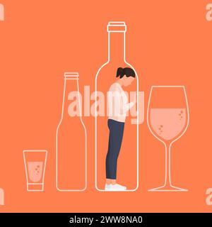 Femme déprimée désespérée coincée dans un flacon : concept de dépendance à l'alcool Illustration de Vecteur