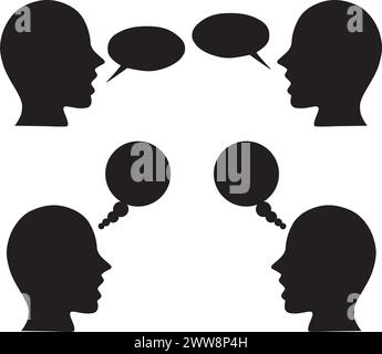Profils de têtes humaines face à face avec des bulles de parole et de pensée sur fond blanc Illustration de Vecteur