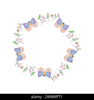 cadre mignon, avec un bébé papillon et fleurs, printemps d'été pour félicitations, annonces. sur un vecteur de fond blanc Illustration de Vecteur