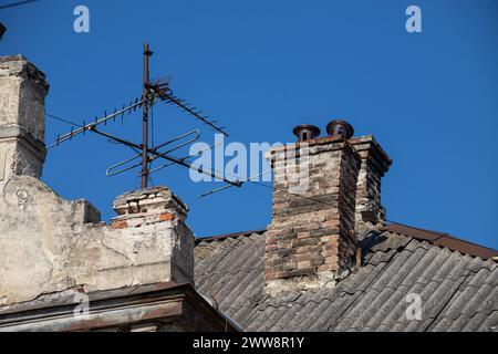 Vieux et couvert de mousse ardoises ondulées de toit couvre la grange. Banque D'Images