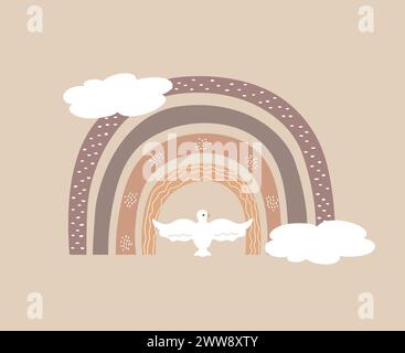 Arc-en-ciel dessiné à la main décoré de colombes et de nuages. Arc-en-ciel scandinave. Décoration mignonne dans des couleurs pastel. Illustration vectorielle Illustration de Vecteur