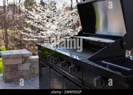 Vue sur le jardin arrière avec un barbecue à gaz noir au printemps. Concept de cuisson en extérieur. Banque D'Images