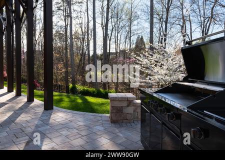 Vue sur le jardin arrière avec un barbecue à gaz noir au printemps. Concept de cuisson en extérieur. Banque D'Images