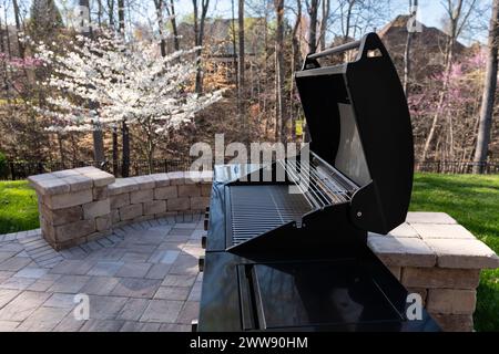 Vue sur le jardin arrière avec un barbecue à gaz noir au printemps. Concept de cuisson en extérieur. Banque D'Images