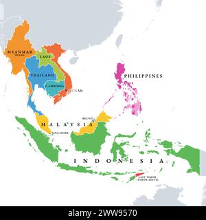 Pays d'Asie du Sud-est, carte politique. Région géographique de l'Asie, bordée par l'Asie de l'est et du Sud, l'Océanie, l'Océan Pacifique et l'Australie. Banque D'Images
