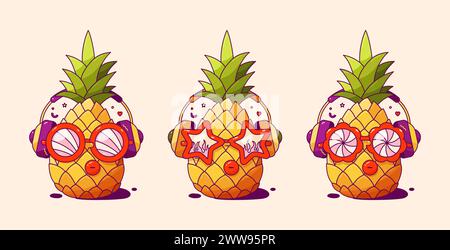 Ananas groovy dans des lunettes de soleil. Personnages mignons tropicaux d'été. Illustration de Vecteur