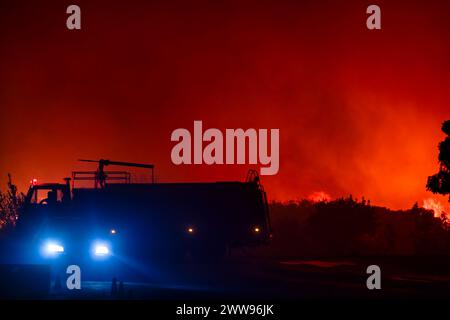 Alexandroupoli - Grèce, 21 août 2023 : la silhouette d'un camion de pompiers. Feux de forêt dans la préfecture d'Evros dans le nord de la Grèce dans le plus grand sapin Banque D'Images