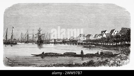 La ville et le port de Paramaribo et le fleuve Suriname, Suriname, Amérique du Sud. Dessin d'Edouard Riou (1833 - 1900) de Cayenne aux Andes (1878-1879) de Jules Crevaux (1847 - 1882) le Tour du monde 1880 Banque D'Images