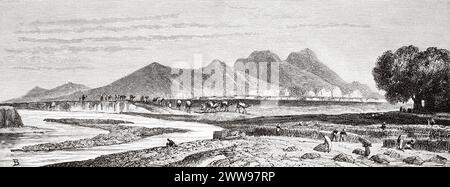 Paysage entre Attock et Rawalpindi, Punjab, Pakistan. Voyage dans le nord de l'Inde. Excursion à Attock sur la rivière Indus. Dessins et textes d'Evremond de Berard (1824 – 1881) le Tour du monde 1880 Banque D'Images