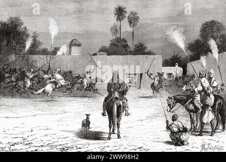 Village de Logone-Birni, rive de la rivière Logone. Cameroun. Afrique centrale. Dessin d'Ivan Pranishnikoff (1841 - 1909) voyage de Borno à Baguirmi 1872 par Dr Gustav Hermann Nachtigal (1834 - 1885) le Tour du monde 1880 Banque D'Images