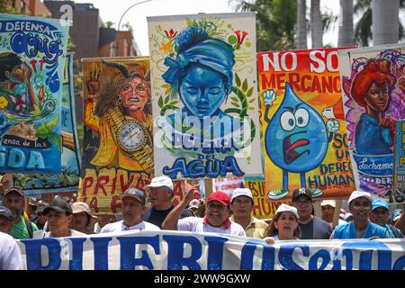 Lima, Pérou. 22 mars 2024. Les gens brandissent des pancartes pour «défendre l'eau» lors d'une manifestation contre la privatisation de l'approvisionnement en eau potable dans la capitale à l'occasion de la Journée mondiale de l'eau. Crédit : Gian Masko/dpa/Alamy Live News Banque D'Images