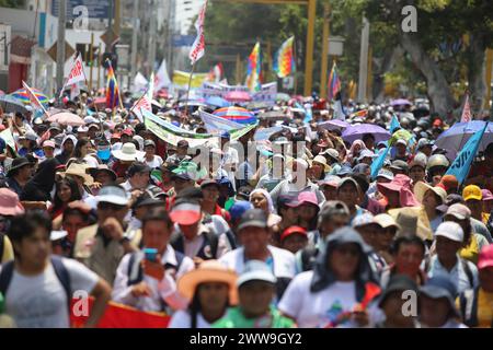 Lima, Pérou. 22 mars 2024. De nombreuses personnes participent à une manifestation contre la privatisation de l'approvisionnement en eau potable dans la capitale à l'occasion de la Journée mondiale de l'eau. Crédit : Gian Masko/dpa/Alamy Live News Banque D'Images