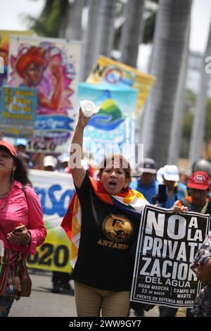 Lima, Pérou. 22 mars 2024. "Non à la privatisation de l'eau", peut-on lire sur la pancarte d'un manifestant lors d'une manifestation à l'occasion de la Journée mondiale de l'eau. Crédit : Gian Masko/dpa/Alamy Live News Banque D'Images