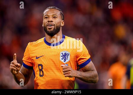 Amsterdam, pays-Bas. 22 mars 2024. AMSTERDAM, PAYS-BAS - 22 MARS : Georginio Wijnaldum, des pays-Bas, célèbre après avoir marqué le deuxième but de son équipe lors du match amical international entre les pays-Bas et l'Écosse au Johan Cruijff Arena le 22 mars 2024 à Amsterdam, pays-Bas. (Photo de Broer van den Boom/Orange Pictures) crédit : Orange pics BV/Alamy Live News Banque D'Images