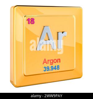 Argon Ar, signe d'élément chimique avec le numéro 18 dans le tableau périodique. Rendu 3D isolé sur fond blanc Banque D'Images