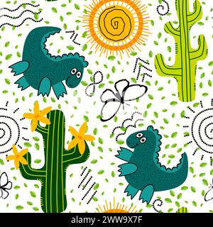 Désert d'été sans couture animaux dinosaures cactus et motif de soleil pour l'emballage du papier et des tissus et des draps et des enfants impression et emballage festif et partie Banque D'Images