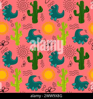 Désert d'été sans couture animaux dinosaures cactus et motif de soleil pour l'emballage du papier et des tissus et des draps et des enfants impression et emballage festif et partie Banque D'Images