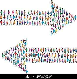 Grand groupe de personnes debout ensemble dans une formation dense, créant une flèche géante pointant vers la droite et la gauche, symbolisant le mouvement collectif Illustration de Vecteur