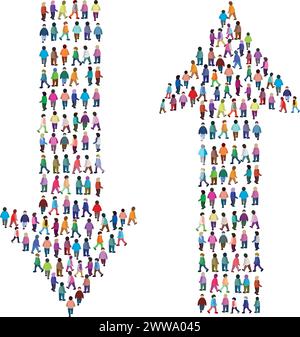 Grand groupe de personnes debout ensemble dans une formation dense, créant une flèche géante pointant vers le haut et vers le bas, symbolisant le mouvement collectif Illustration de Vecteur