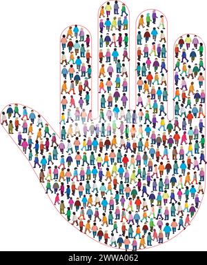 Grand groupe de personnes debout ensemble dans une formation dense, créant une forme de main ouverte. Illustration de Vecteur