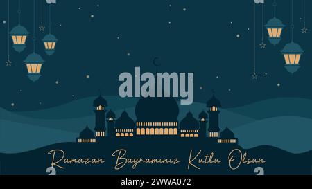 Eid Moubarak ou Eid Al Fitr arrière-plan religieux islamique. Affiche, bannière et carte de vœux. Traduction de la calligraphie turque signifie Ramadan Kareem Illustration de Vecteur