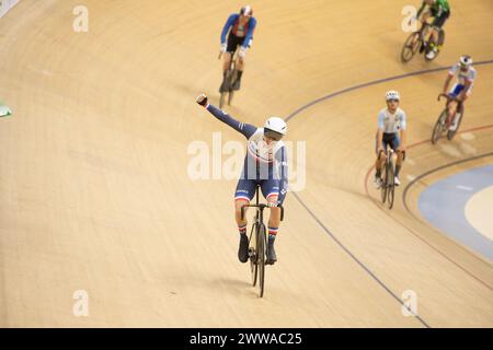 Rio de Janeiro, Brésil. 22 mars 2024. Kevin LeCunff, de France, célèbre sa victoire sur la course C4 Scratch masculine. Crédit : Casey B. Gibson/Alamy Live News Banque D'Images