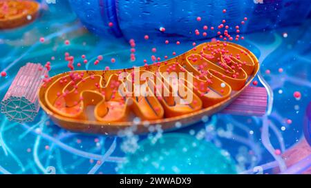 Illustration d'une cellule animale concentrée sur une mitochondrie (brune). Les mitochondries sont des organites qui produisent de l'énergie pour une cellule. Banque D'Images