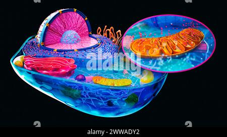 Illustration d'une cellule animale avec un encart de mitochondrie (brune). Les mitochondries sont des organites qui produisent de l'énergie pour une cellule. Banque D'Images