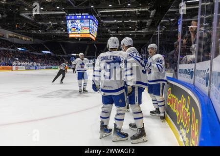 22 mars 2024 : les joueurs des Marlies de Toronto célèbrent un but en première période contre les Américains de Rochester. Les Américains de Rochester ont accueilli les Marlies de Toronto dans un match de la Ligue américaine de hockey au Blue Cross Arena de Rochester, New York. (Jonathan Tenca/CSM) Banque D'Images