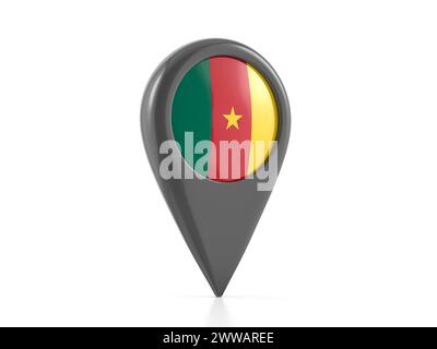Marqueur de carte avec drapeau Cameroun sur fond blanc. illustration 3d. Banque D'Images
