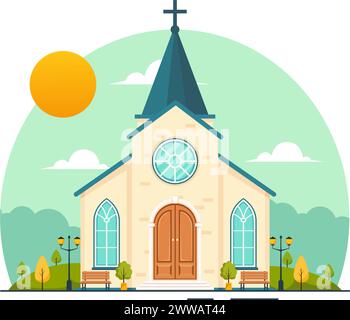 Cathédrale Catholique Catholique bâtiment illustration vectorielle avec architecture, conception d'intérieur médiévale et moderne des églises en fond de dessin animé plat Illustration de Vecteur